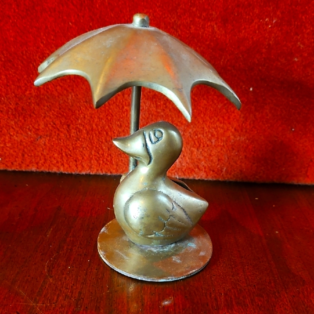 Vintage Brass Duck Figurine with Umbrella